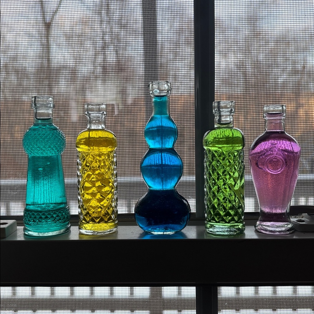 Set of 5 Small Clear Glass Bottles with 4 Cork Stoppers - Vase - Kitschy- Window